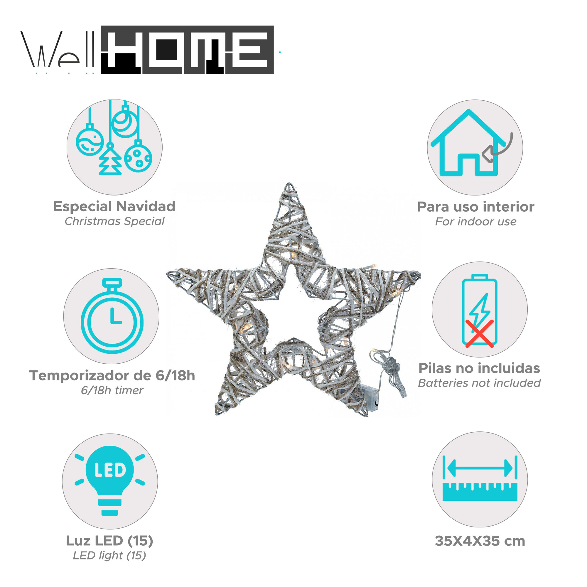 estrella decorativa luminosa con 15 luces led con purpurina 35x4x35cm