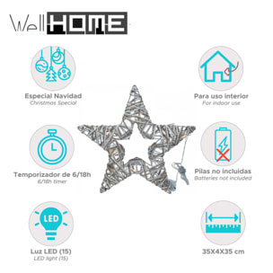 estrella decorativa luminosa con 15 luces led con purpurina 35x4x35cm