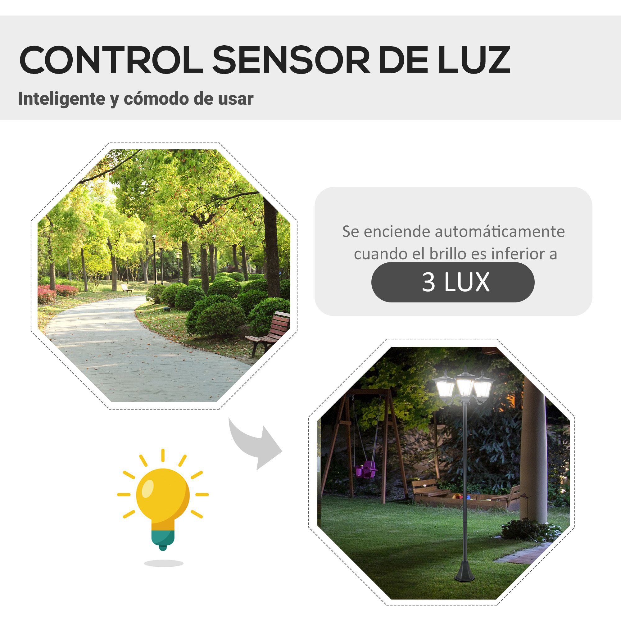 Farol Solar de Jardín con 3 Luces LED Impermeable IP44 Sensor de Noche Farola de Exterior para Camino Terraza Patio 51,5x47x182,5 cm Negro