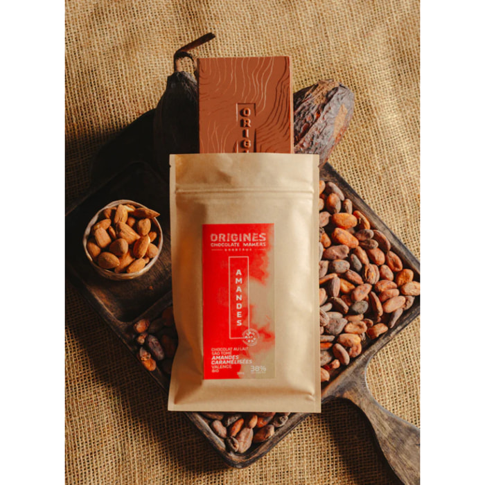 Tablette de chocolat au lait aux amandes caramélisées - Bean To Bar - 100g Bio