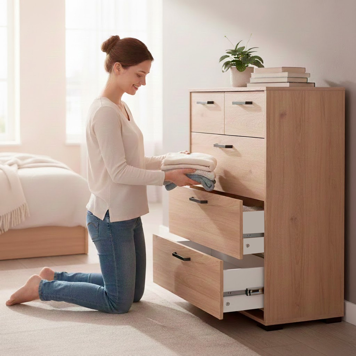 Cassettiera Alta 5 Cassetti Comò Mobile Contenitore Moderno Cassetti Scorrevoli A Sfera Camera Da Letto Ingresso Soggiorno 70.2×39.8×82.7 Cm Rovere