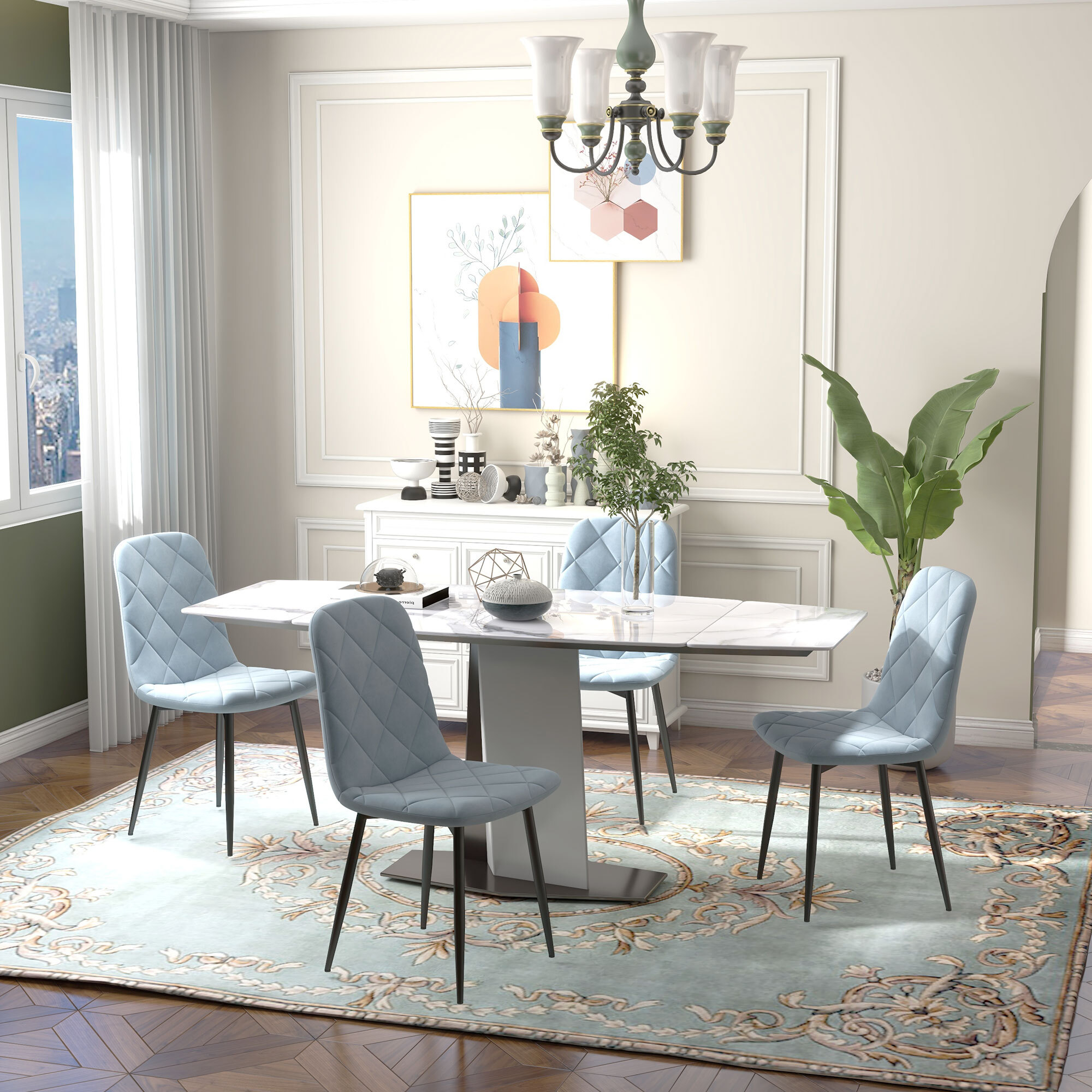 Juego de 4 Sillas de Comedor Modernas Sillas de Cocina Tapizadas en Terciopelo con Patas de Acero para Salón 45x54x87 cm Azul Claro