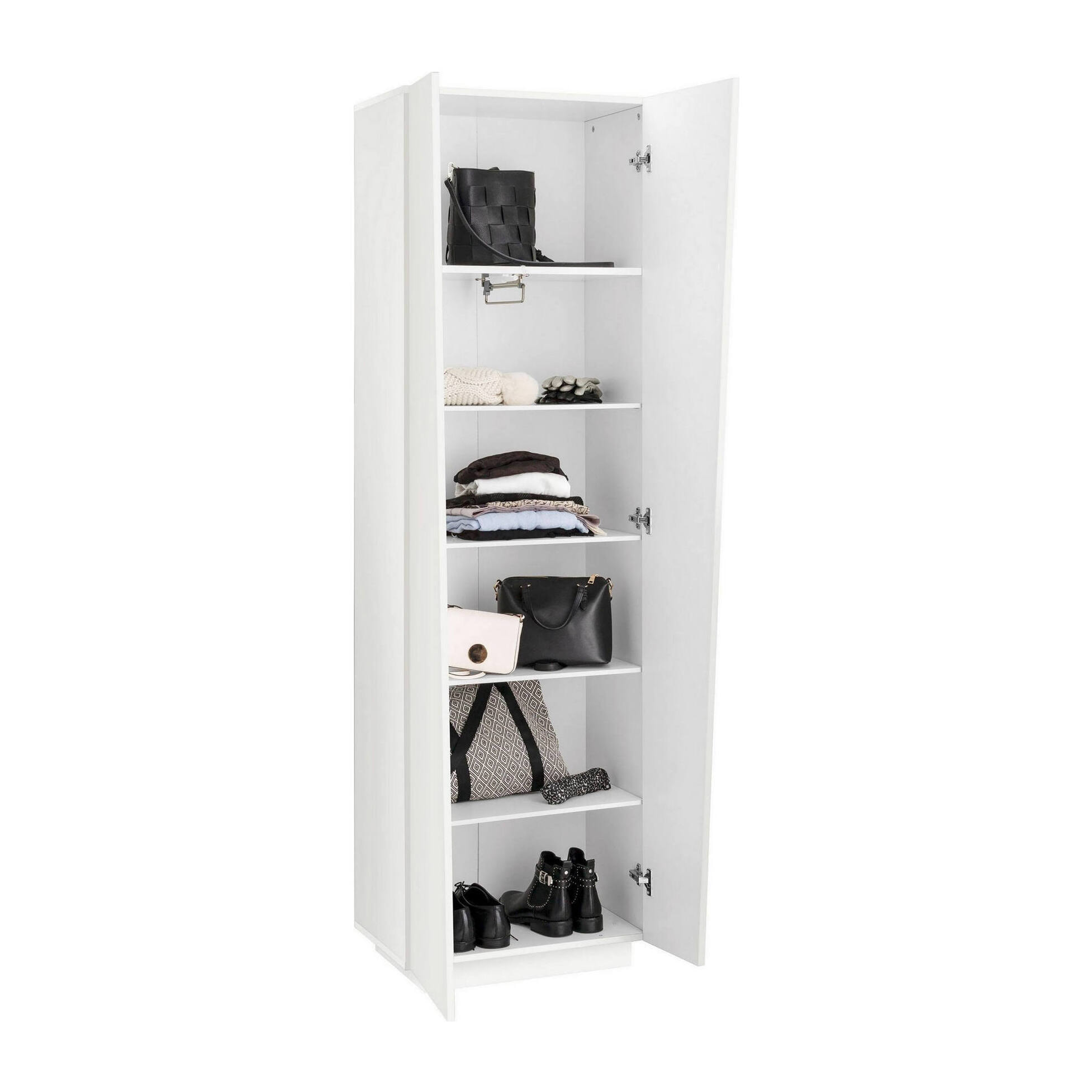 Armadio multiuso, Made in Italy, Mobile moderno, Portascarpe a 2 ante e 5 ripiani, cm 60x38h200, colore Bianco lucido