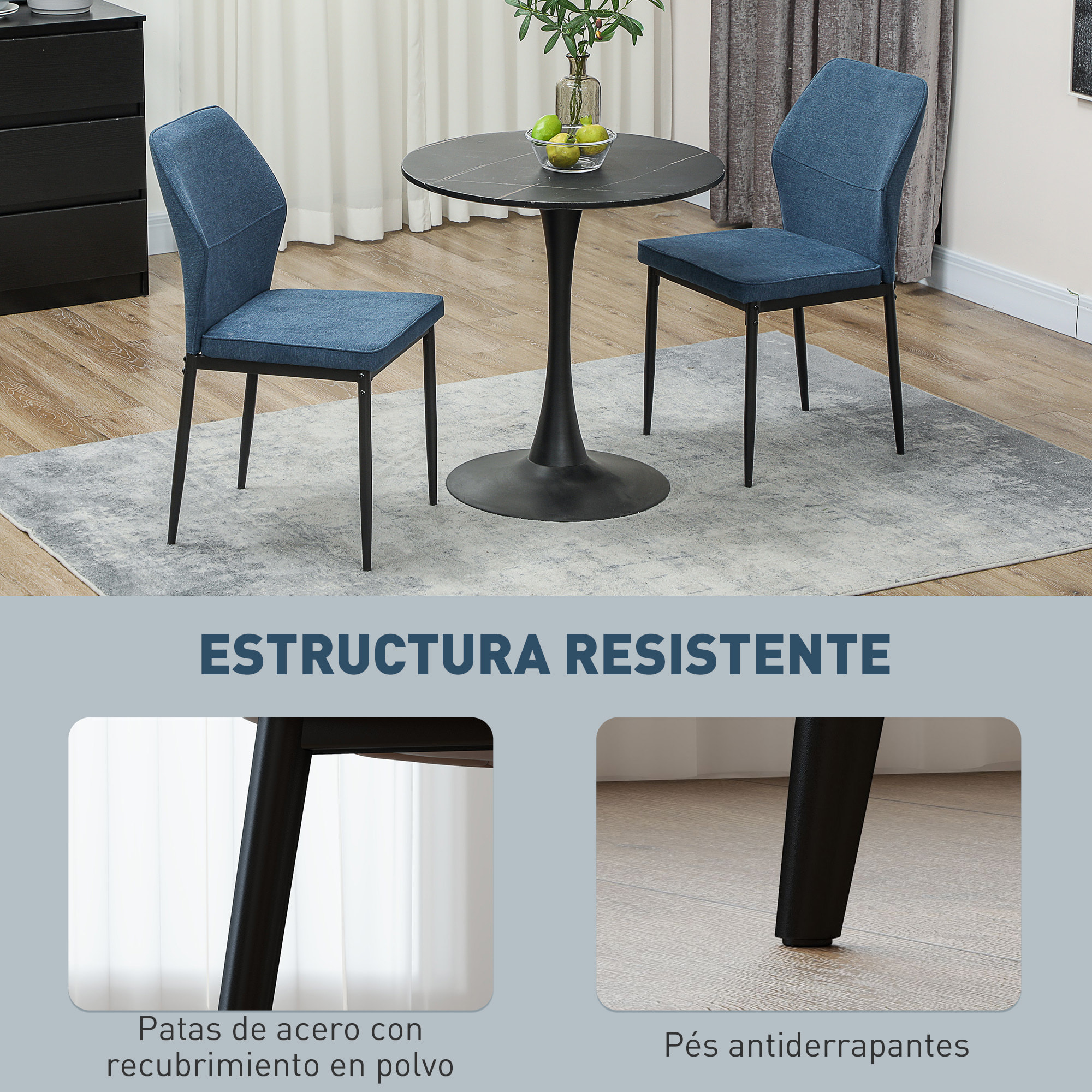 Juego de 2 Sillas de Comedor Modernas Sillas de Cocina con Asiento Acolchado y Tapizado Respaldo Curvo Patas de Acero para Salón Dormitorio Azul