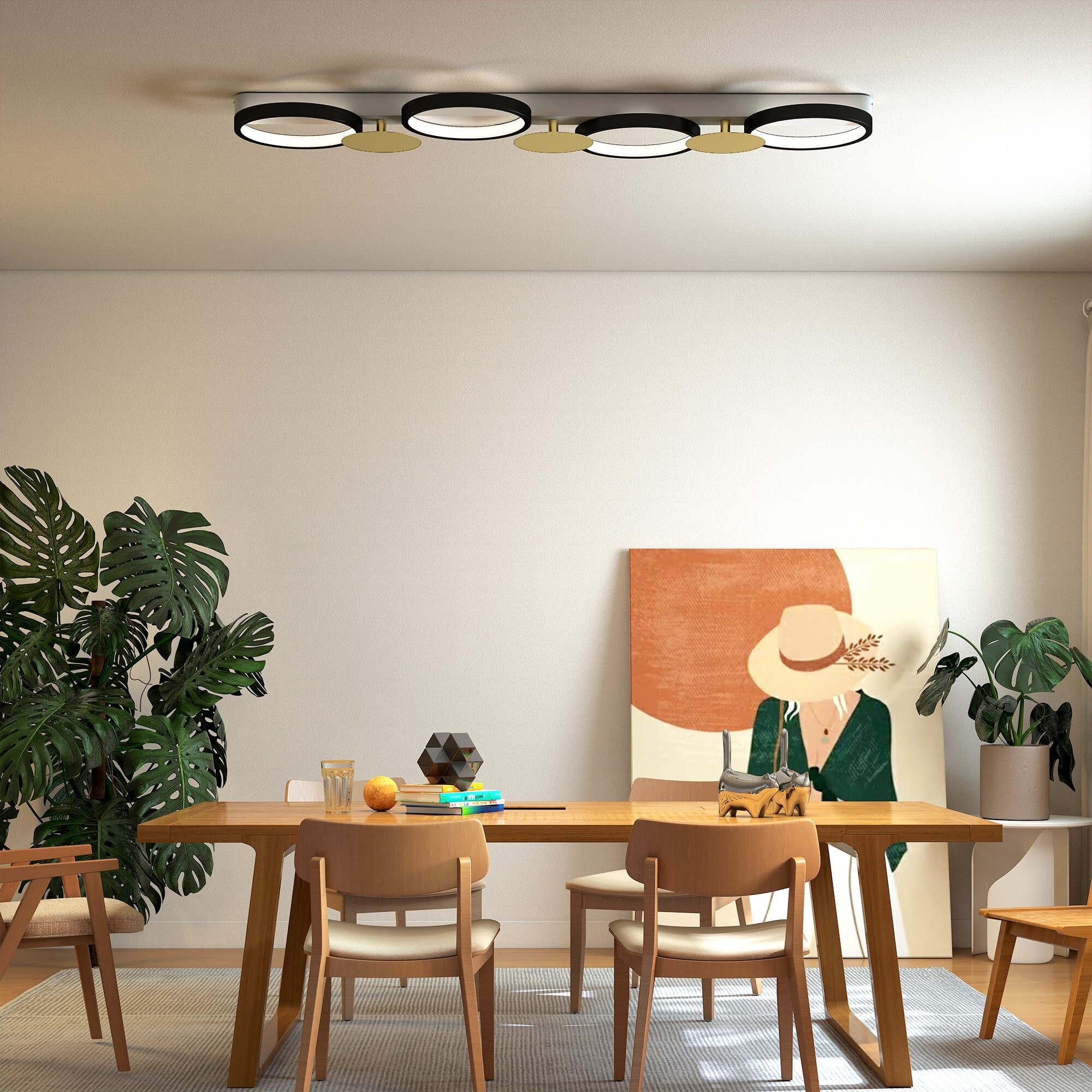 Lámpara de Techo Regulable con 4 Focos, Plafón LED de Techo con Mando a Distancia, Modos de Escena, 1500 lm, 38 W, 3000 K-6500 K, para Salón, Dormitorio, Oficina, Negro y Dorado