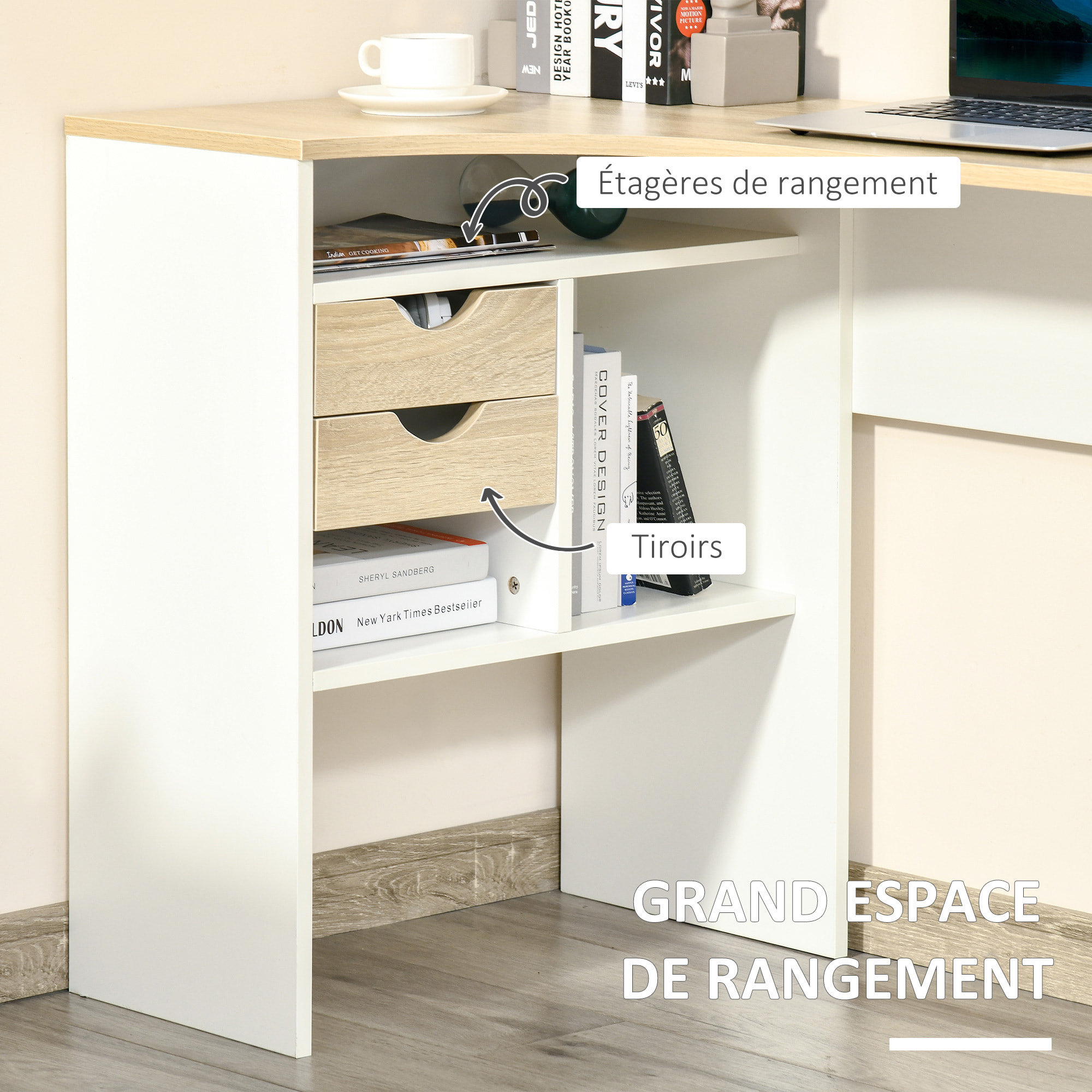 Bureau d'angle bureau informatique multimédia multi-rangement métal panneaux particules aspect chêne clair blanc