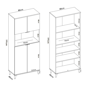 Credenza Spino, Buffet dispensa da soggiorno, Madia da salotto moderna a 4 ante, 80x40h191 cm, Bianco e Rovere