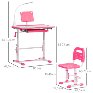 Juego de Escritorio y Silla para Niños de +6 Años Pupitre Infantil con Altura Ajustable Mesa Inclinable Cajón Lámpara LED y Portalápices 80x49,5x82-104 cm y 35,5x43,5x63-73 cm Rosa