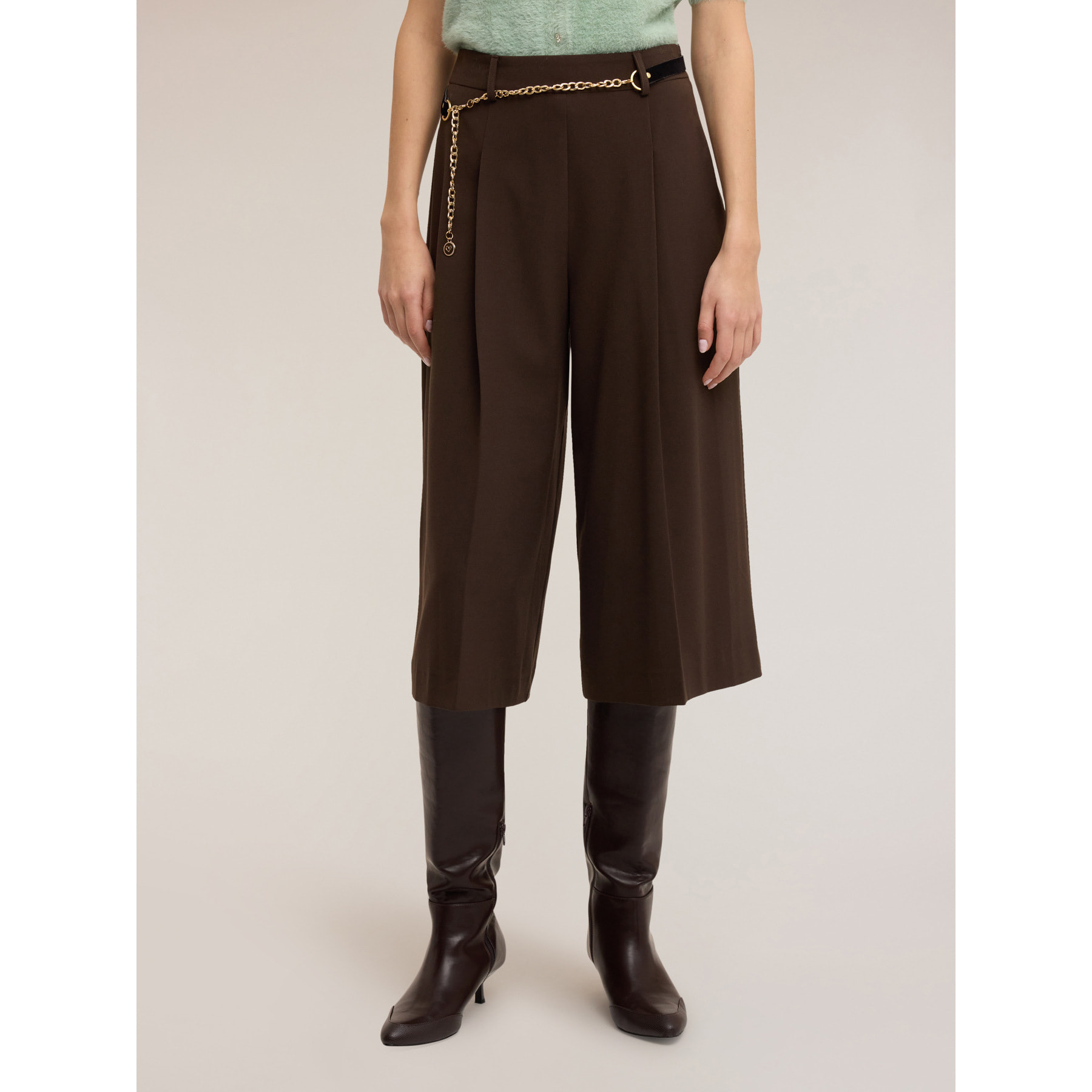 Motivi - Pantaloni cropped in flanella con catena - Marrone