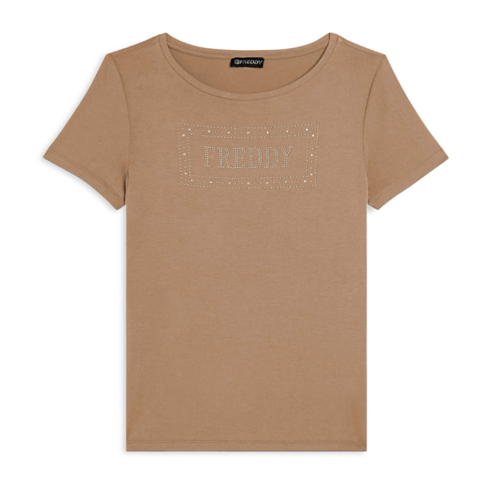 T-shirt donna con logo strass e glitter