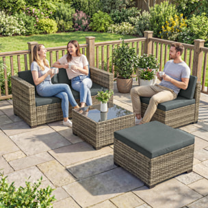 Conjunto de Jardín de Ratán de 5 Piezas, Conjunto Terraza Resistente, Muebles Jardín Exterior Incluye Cojines, 2 Sillones de Esquina, Sillón sin Brazos, Reposapiés y Mesa Centro, Gris Oscuro