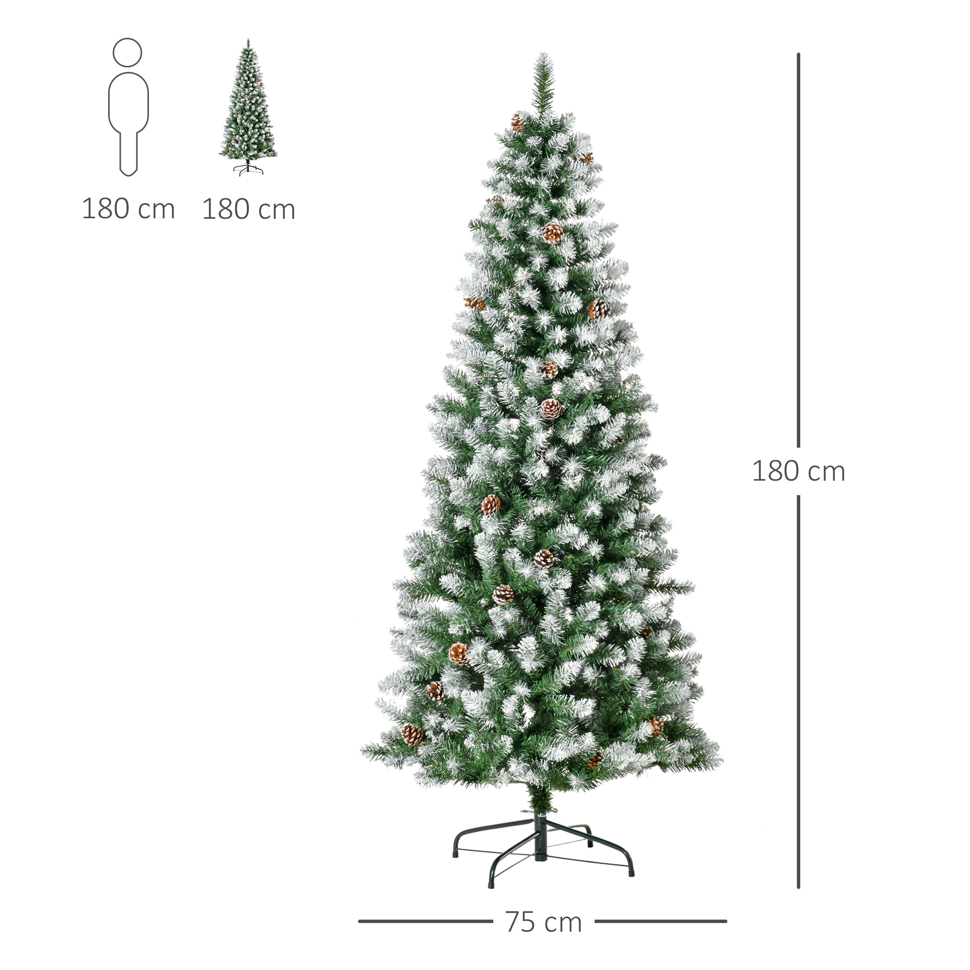 HOMCOM Albero di Natale Innevato da 180 cm con 630 Rami e 37 Pigne, in Plastica e Metallo, Verde e Bianco