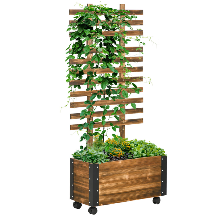 Jardinera Exterior Grande de Madera Jardinera con Celosía para Plantas Trepadoras Tela no Tejida Ruedas y Esquinas Metálicas de Doble Capa para Patio Terraza 65x31x147 cm Carbonizado