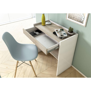 Scrivania Clematide, Scrittoio moderno con cassetto, Tavolo da studio o ufficio porta PC portalibri, 100% Made in Italy, Cm 80x40h79, Bianco e Rovere