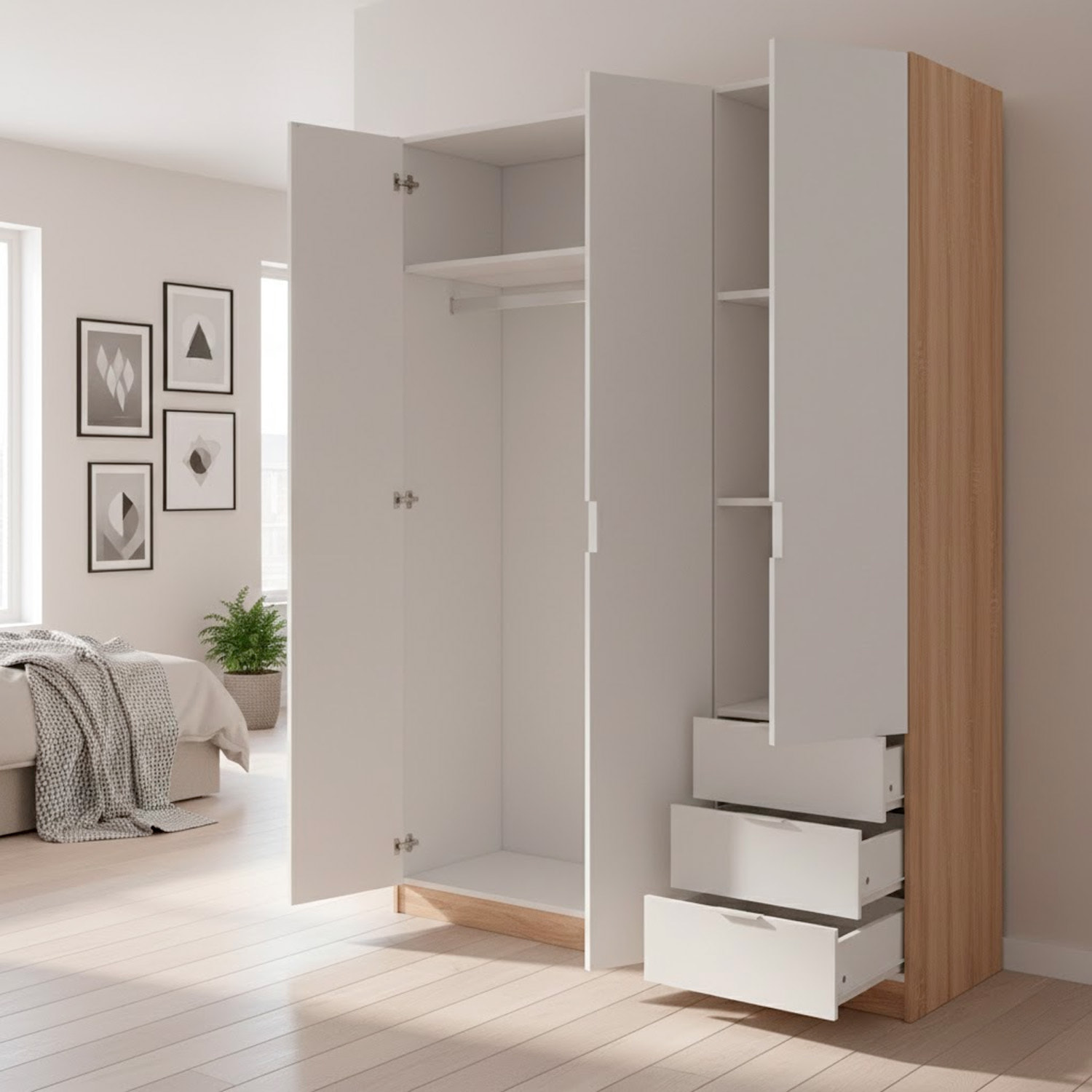 Armadio Guardaroba 3 Ante Con Asta Appendiabiti 3 Ripiani E 3 Cassetti Stile Nordico Salvaspazio Camera Da Letto 121 x 52 x 180 Cm Bianco E Rovere