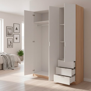 Armadio Guardaroba 3 Ante Con Asta Appendiabiti 3 Ripiani E 3 Cassetti Stile Nordico Salvaspazio Camera Da Letto 121 x 52 x 180 Cm Bianco E Rovere