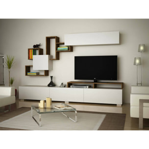 Parete attrezzata Dpiovan, Composizione soggiorno, Mobile salotto multiuso, Armadio porta TV, 210x37h47 cm, Bianco e Noce