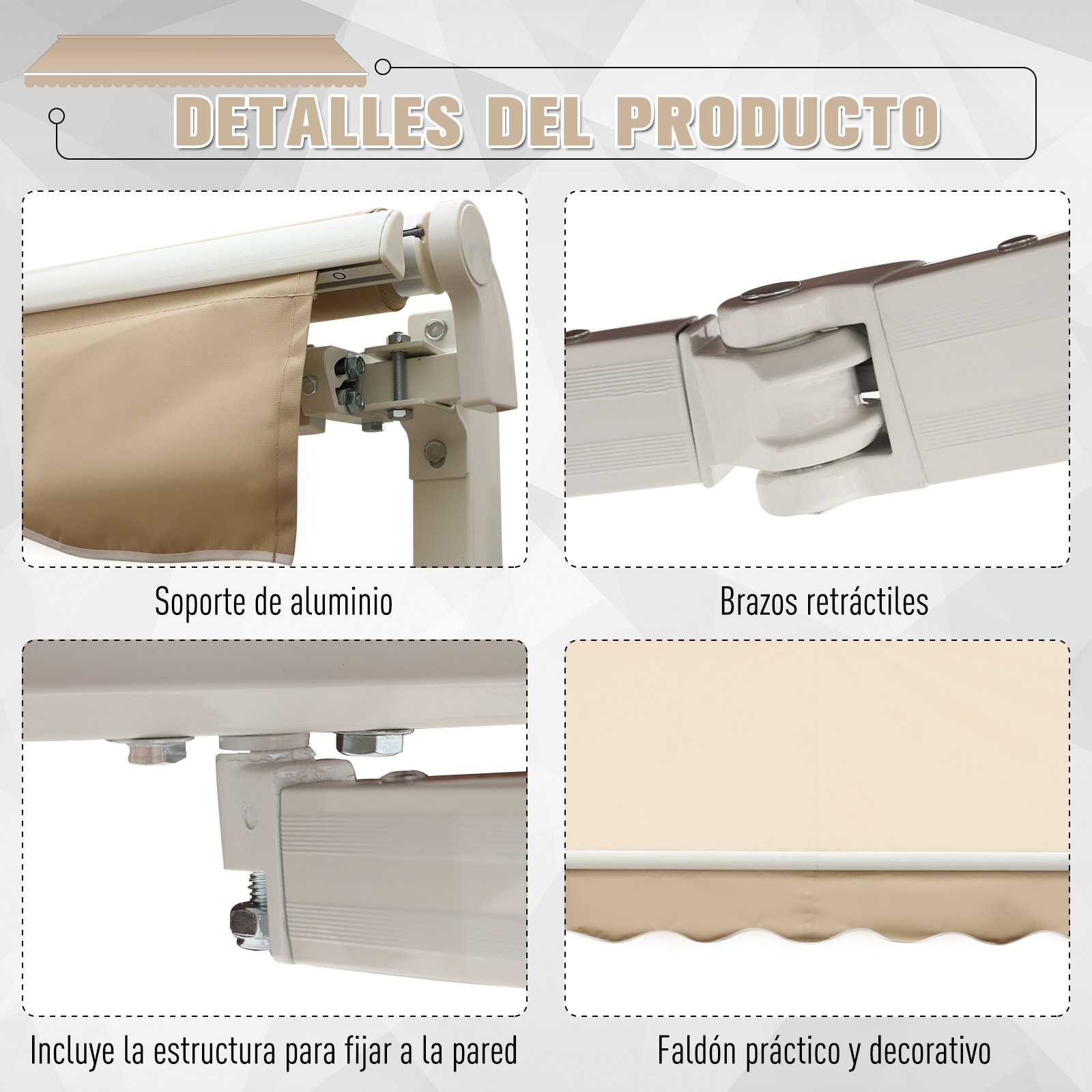 Toldo con Brazo de Aluminio Poliéster y Acero 4x2,5m Beige