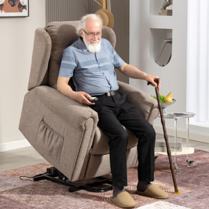 Sillón Relax Reclinable Eléctrico Levanta Personas Sillón Elevador con Respaldo Alto Capitoné Control Remoto Tapizado en Lino y Bolsillos Laterales Marrón Claro