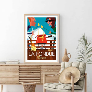 Poster retro la fondue savoyarde Affiche + cadre en bois - Chêne