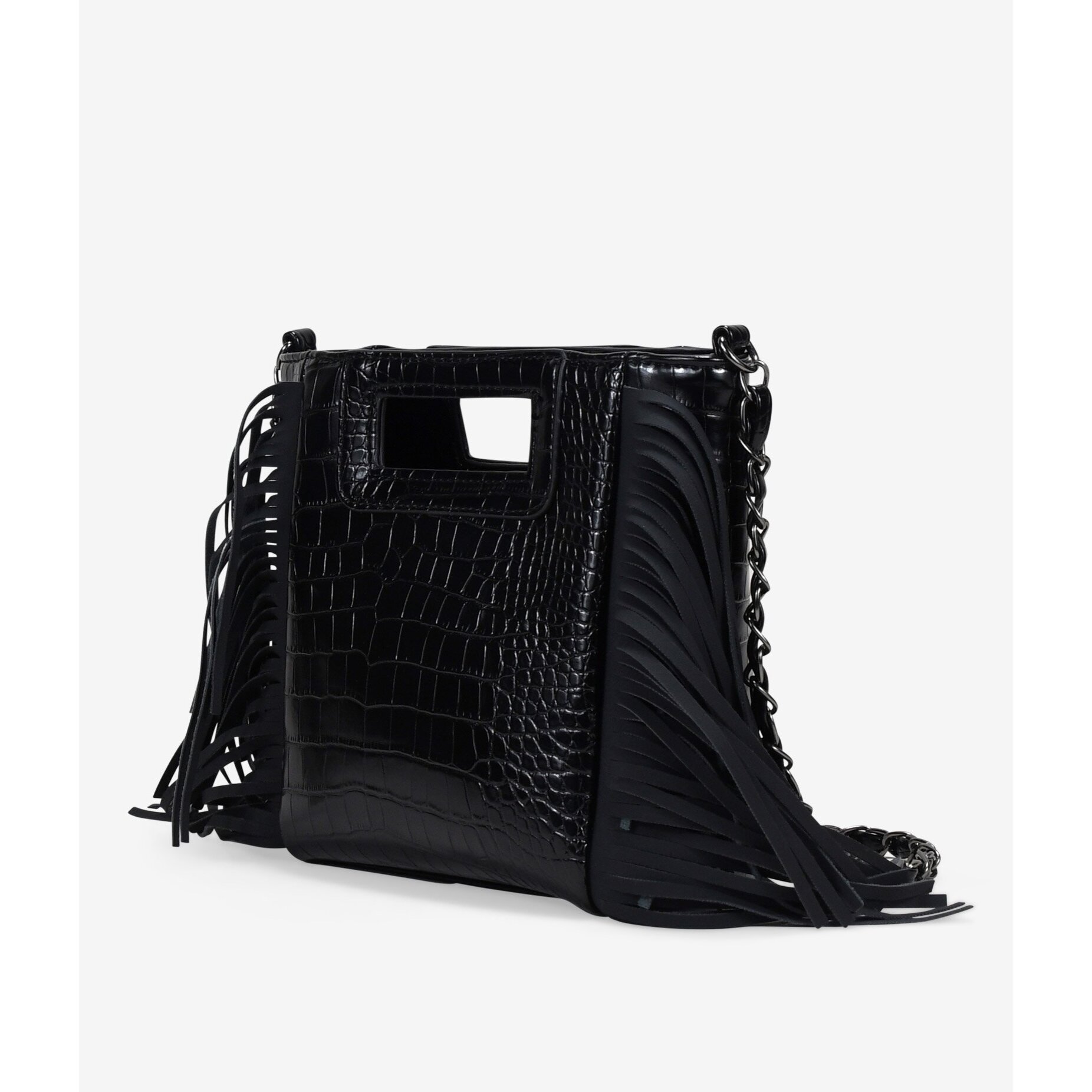 Bolso de mano negro con flecos