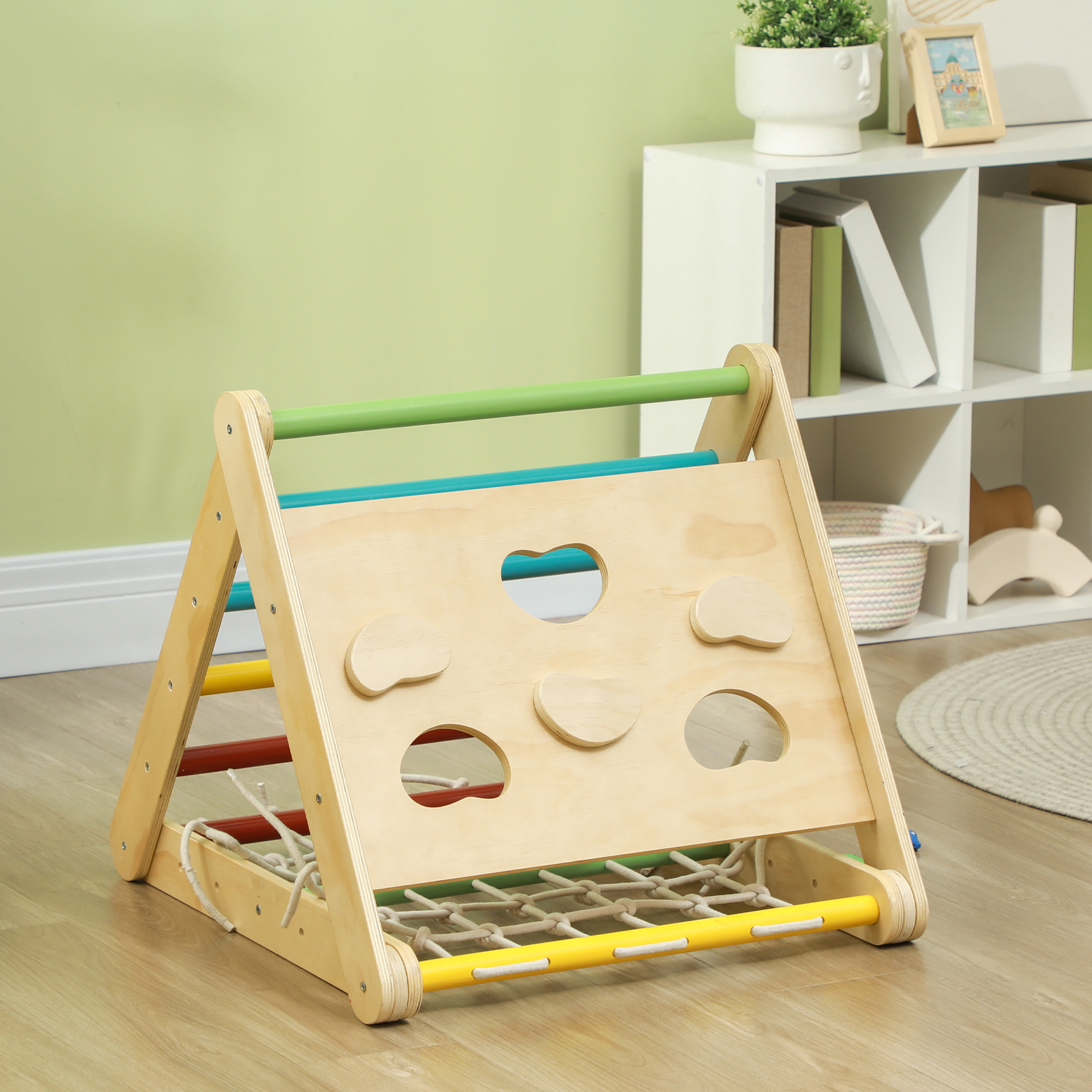 Ensemble d'escalade en bois 5 en 1 - triangle Pikler, toboggan, filet à grimper, rampe, jeu adresse - panneaux bois pin