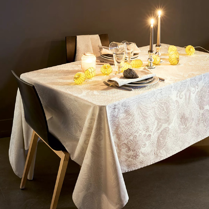 Nappe pur coton enduit motif jacquard beige Mille isaphire parchemin
