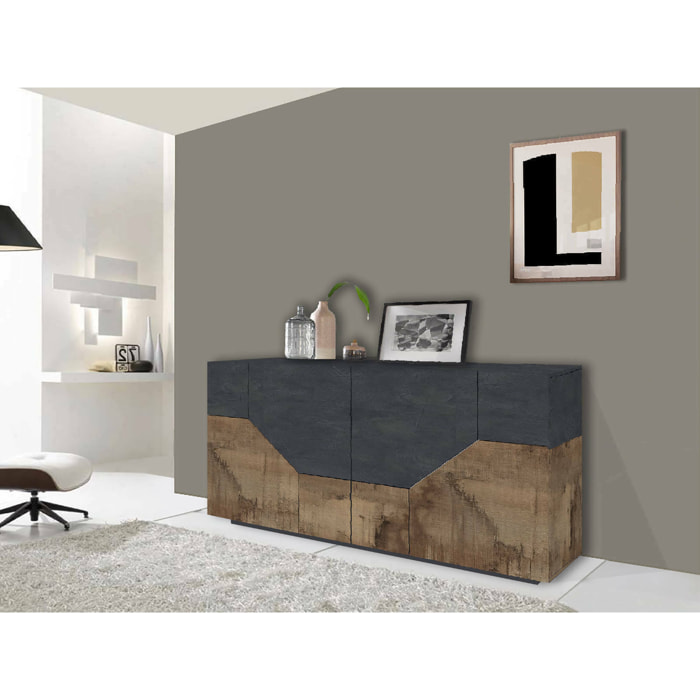 Credenza moderna a 4 ante geometriche, Made in Italy, Madia da ingresso, Buffet di design da soggiorno, Cm 200x43h86, Ardesia e Acero