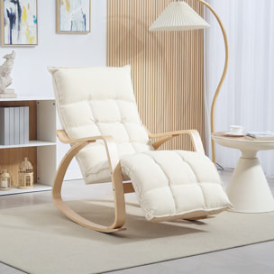 Fauteuil à bascule style nordique repose-pieds ajustable épais coussin blanc cassé bois clair cintré