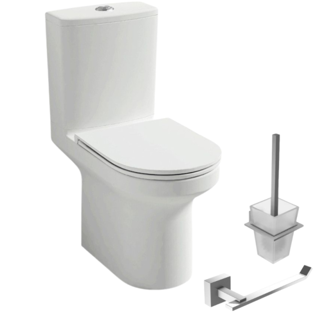 WC à poser sans bride sortie horizontale Elite avec abattant frein de chute + Porte-balai et porte-rouleau Moderne chromé