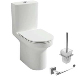WC à poser sans bride sortie horizontale Elite avec abattant frein de chute + Porte-balai et porte-rouleau Moderne chromé