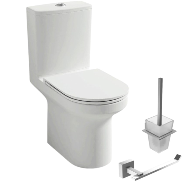 WC à poser sans bride sortie horizontale Elite avec abattant frein de chute + Porte-balai et porte-rouleau Moderne chromé