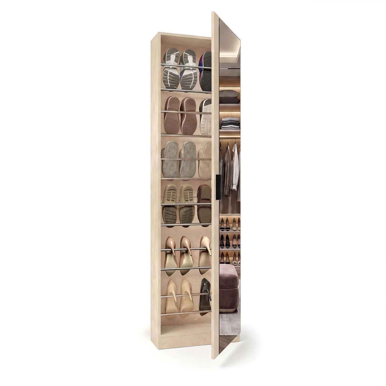 Zapatero alto de 1 puerta con espejo en microcemento beige 180x50 cm Roma Microcemento Beige