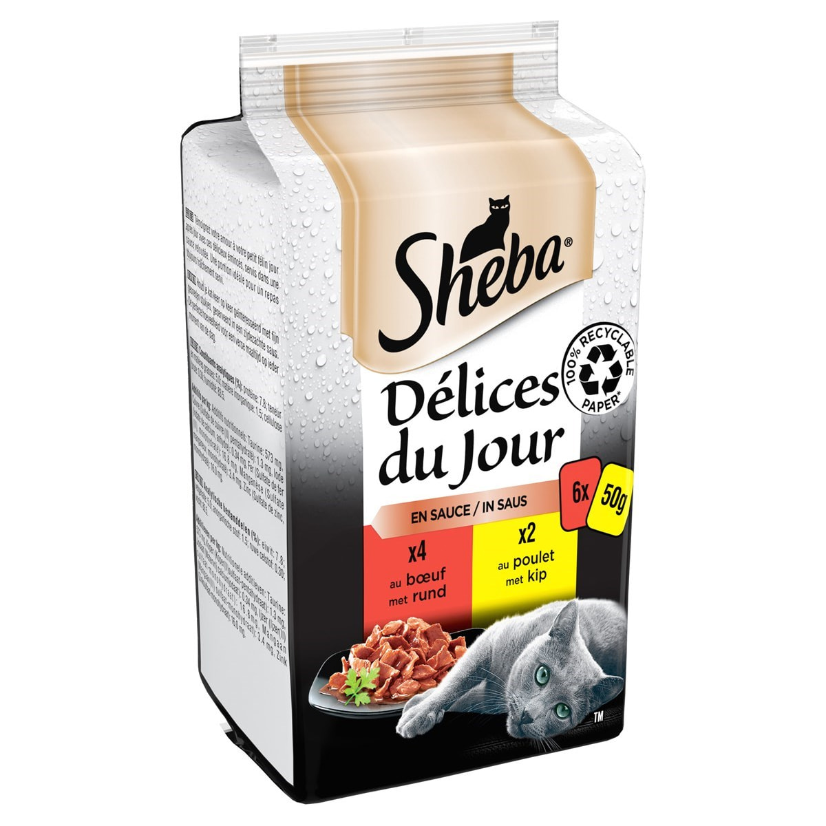 SHEBA Délices du Jour 72 Sachets bœuf poulet en sauce pour chat 50g (6x12)