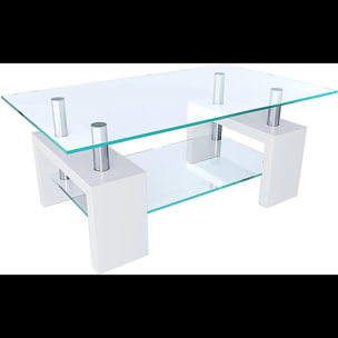 Tavolino Basso Rettangolare Salotto In Vetro E Legno MDF Soggiorno Salone Sala Pranzo Tavolo Caffè Ripiano Moderno Elegante Bianco 100 x 60 x 45 cm
