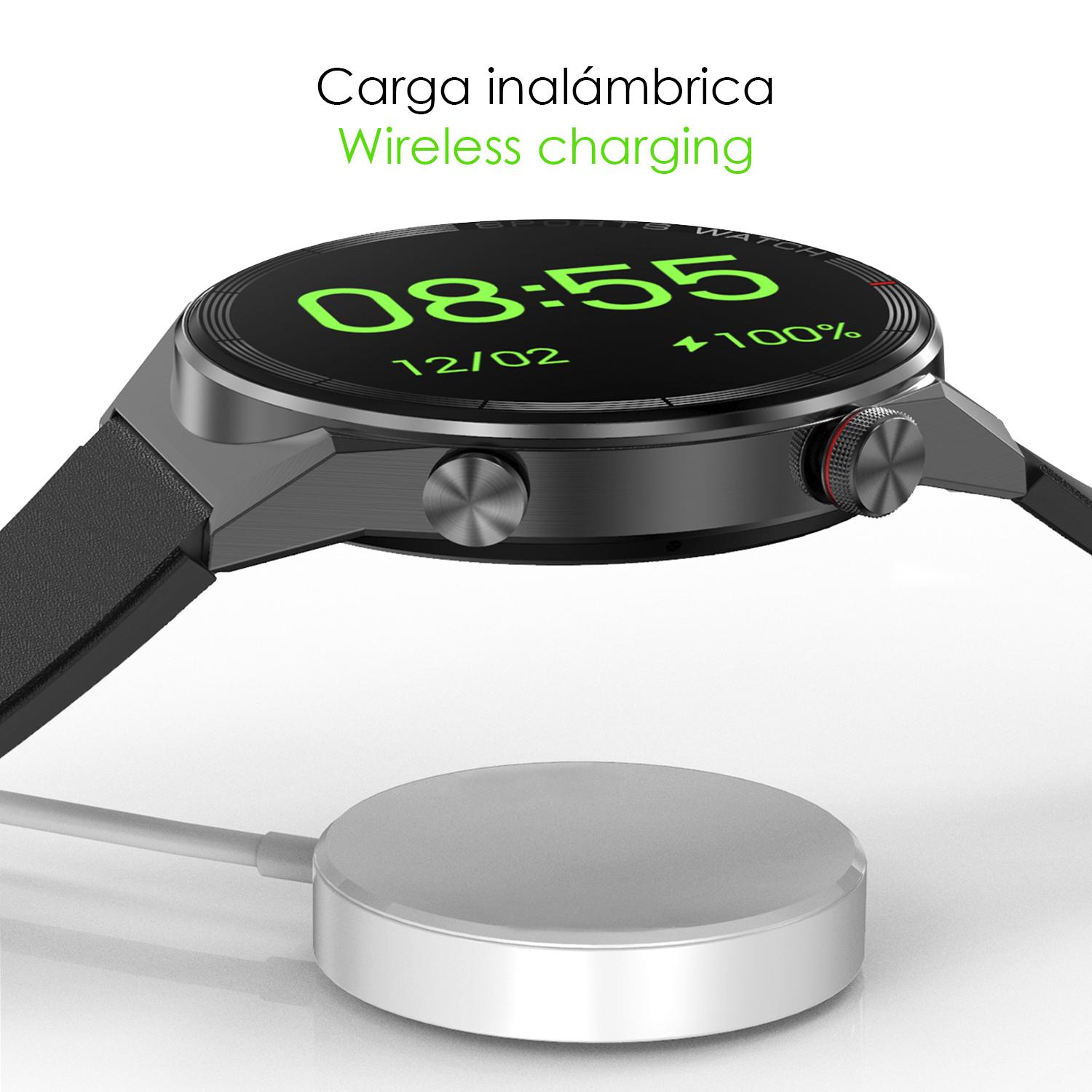 Smartwatch DT3 Mate con notificaciones, pantalla dividida, modos multideportivos y monitor cardíaco. Correa de cuero.