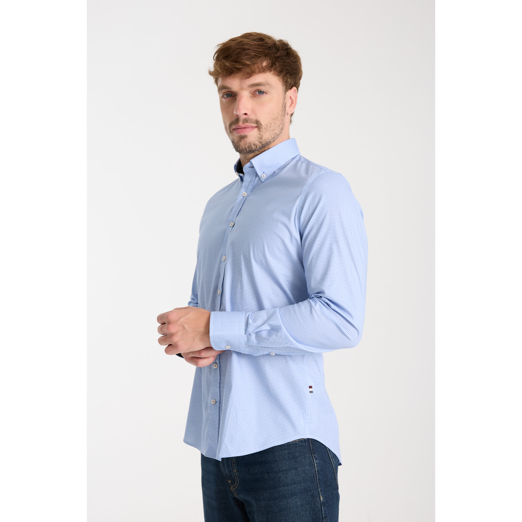 camicia uomo 1 bottone button down slim Popeline Stretch Quadro Piccolo Blu Inchiostro\Bianco