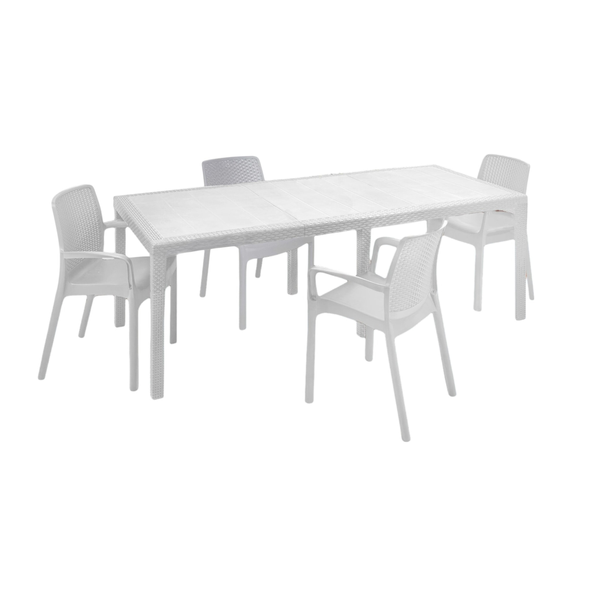 Tavolo da esterno Dantonaz, Tavolo rettangolare allungabile da pranzo con 4 sedie incluse, Tavolo e sedute da giardino effetto rattan, 100% Made in Italy, Bianco