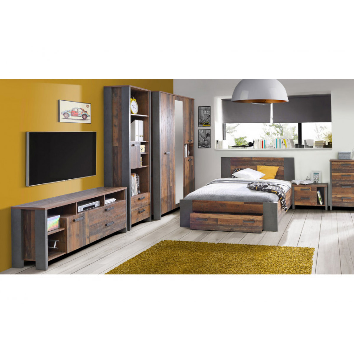 Vitrine en bois H205cm effet bois vieilli avec porte vitrée réversible - FRED