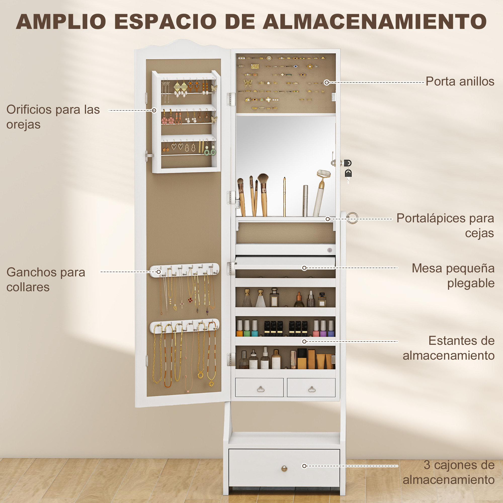 Espejo Joyero con Luces LED, Armario para Joyas, Armario Joyero con Espejo Entero de Ángulo Ajustable, Cajones, Mesa Interior Plegable, Cerradura, Luces Apagado Automático, Blanco y Forro Beige