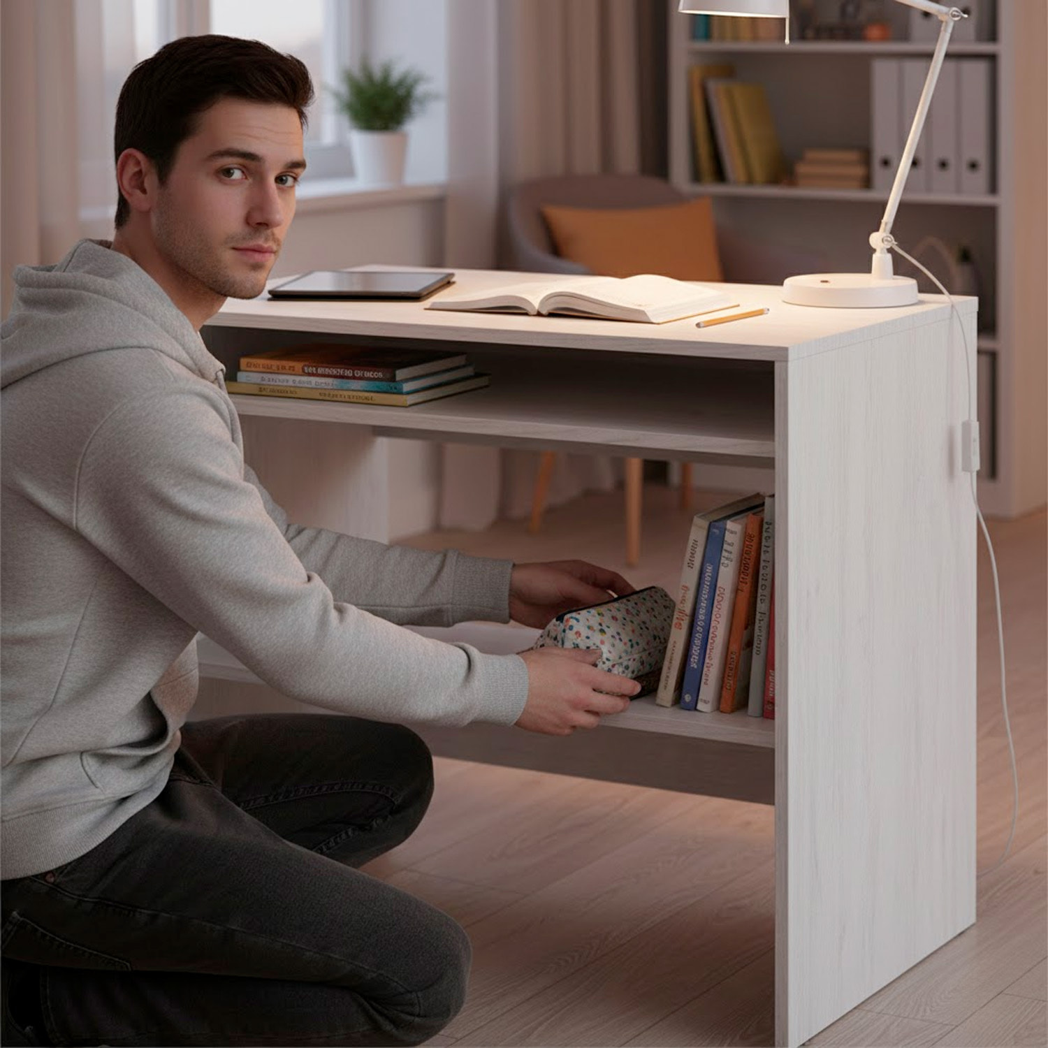 Scrivania Da Studio Compatto Tavolo Con Vano Portaoggetti Design Moderno Per Home Office Cameretta Smart Working 79 x 43 x 78 Cm Bianco Frassino