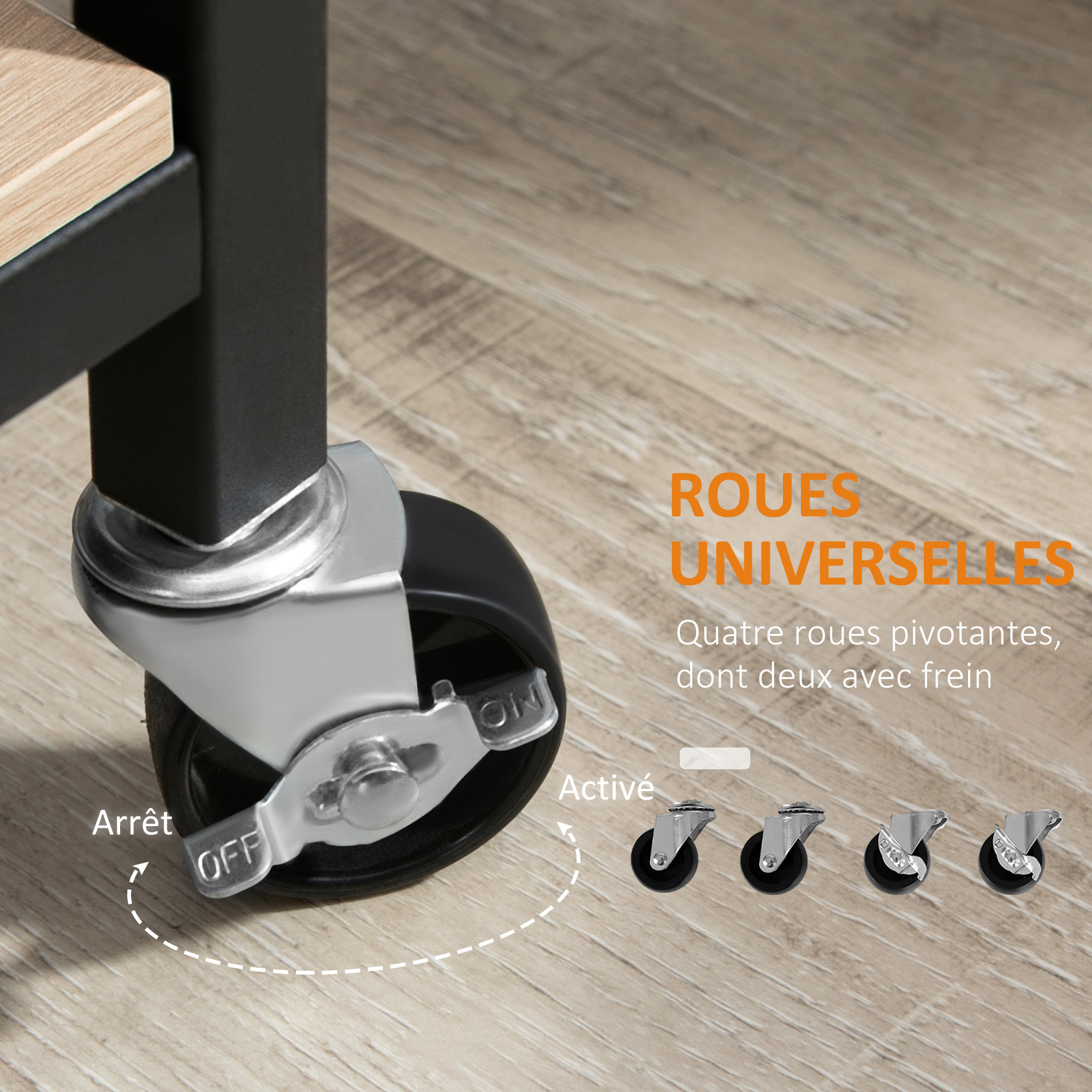 Desserte de cuisine design industriel - plateau, étagère - acier noir aspect bois clair