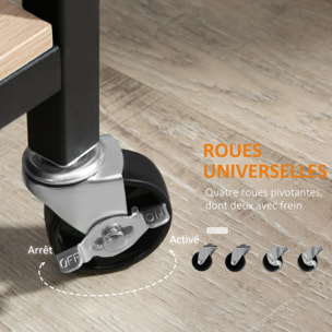 Desserte de cuisine design industriel - plateau, étagère - acier noir aspect bois clair