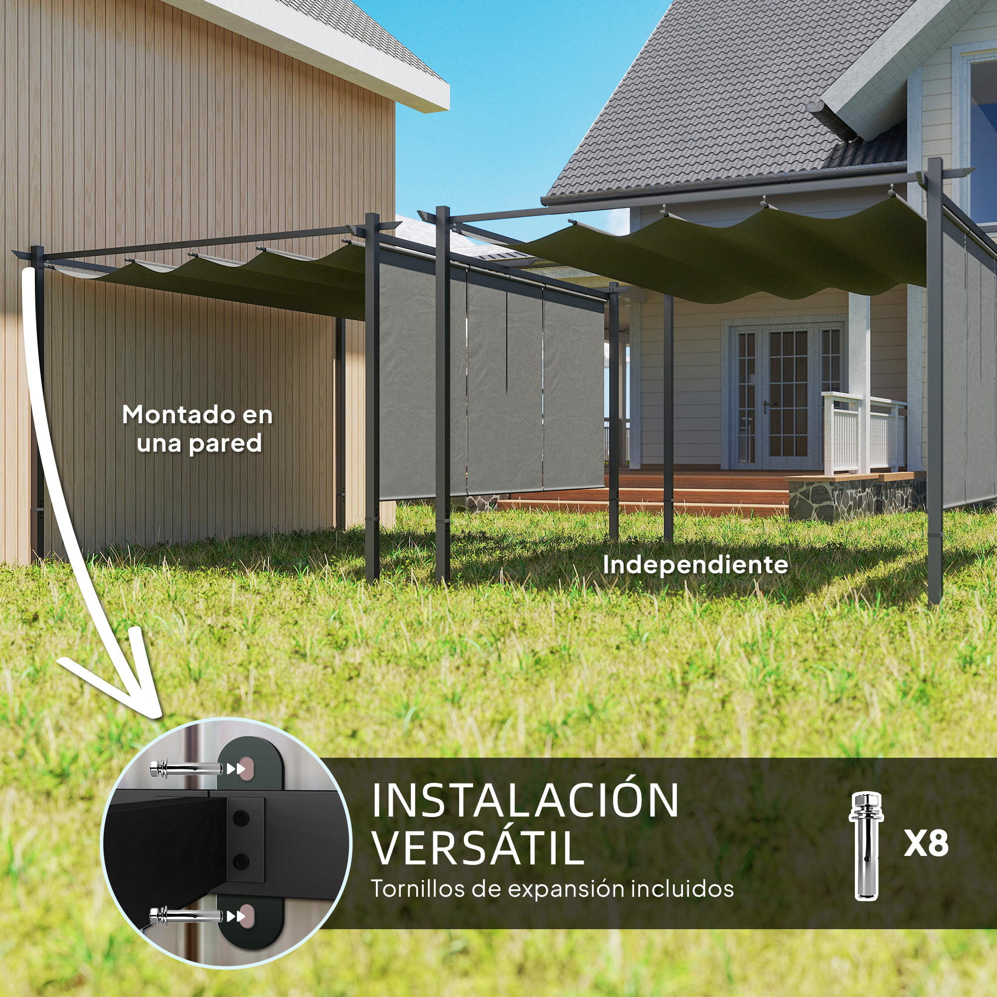 Pérgola de Jardín 4x3 m con Techo Retráctil y 3 Laterales Enrollables, Cenador de Jardín Montado en Pared o Independiente, con UPF30+, Estructura Metálica, Pabellón para Exterior, Gris