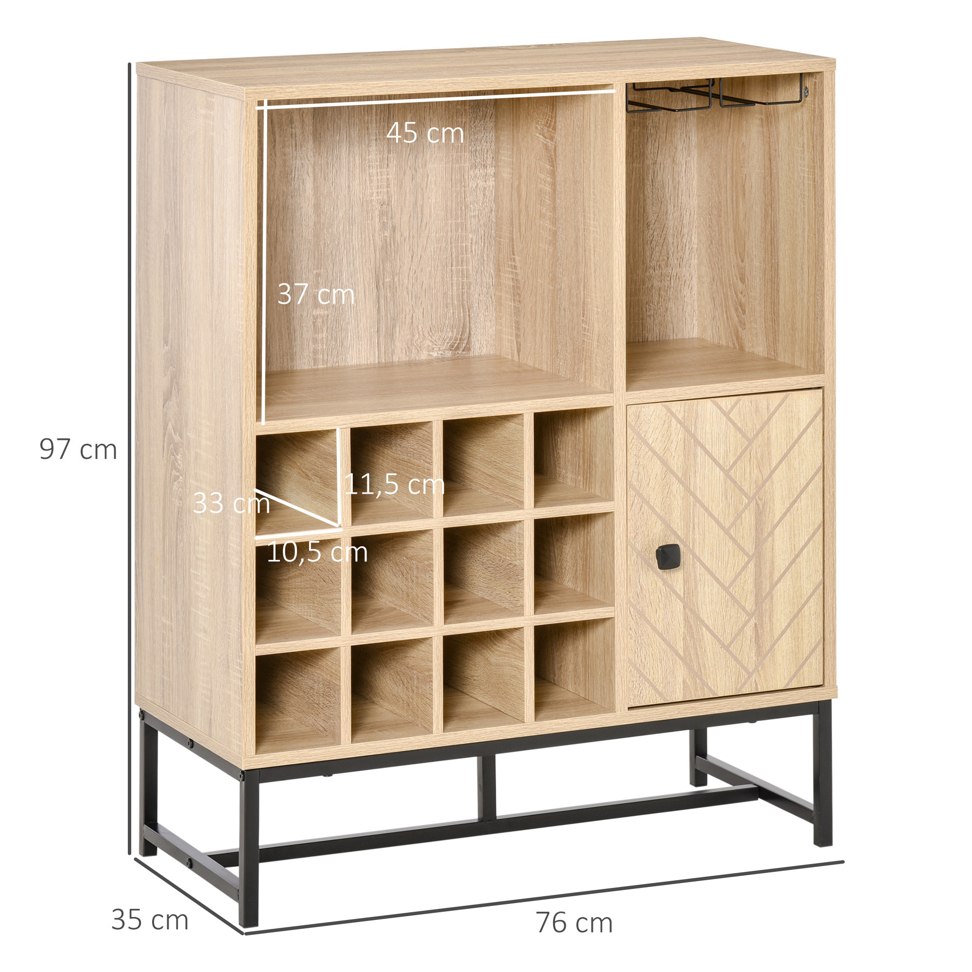 HOMCOM Aparador de Cocina Armario con 1 Puerta 2 Estantes Abiertos Botellero para 12 Botellas y Soporte de 6 Copas de Vino Comedor Bar Restaurante 76x35x97 cm Madera Natural