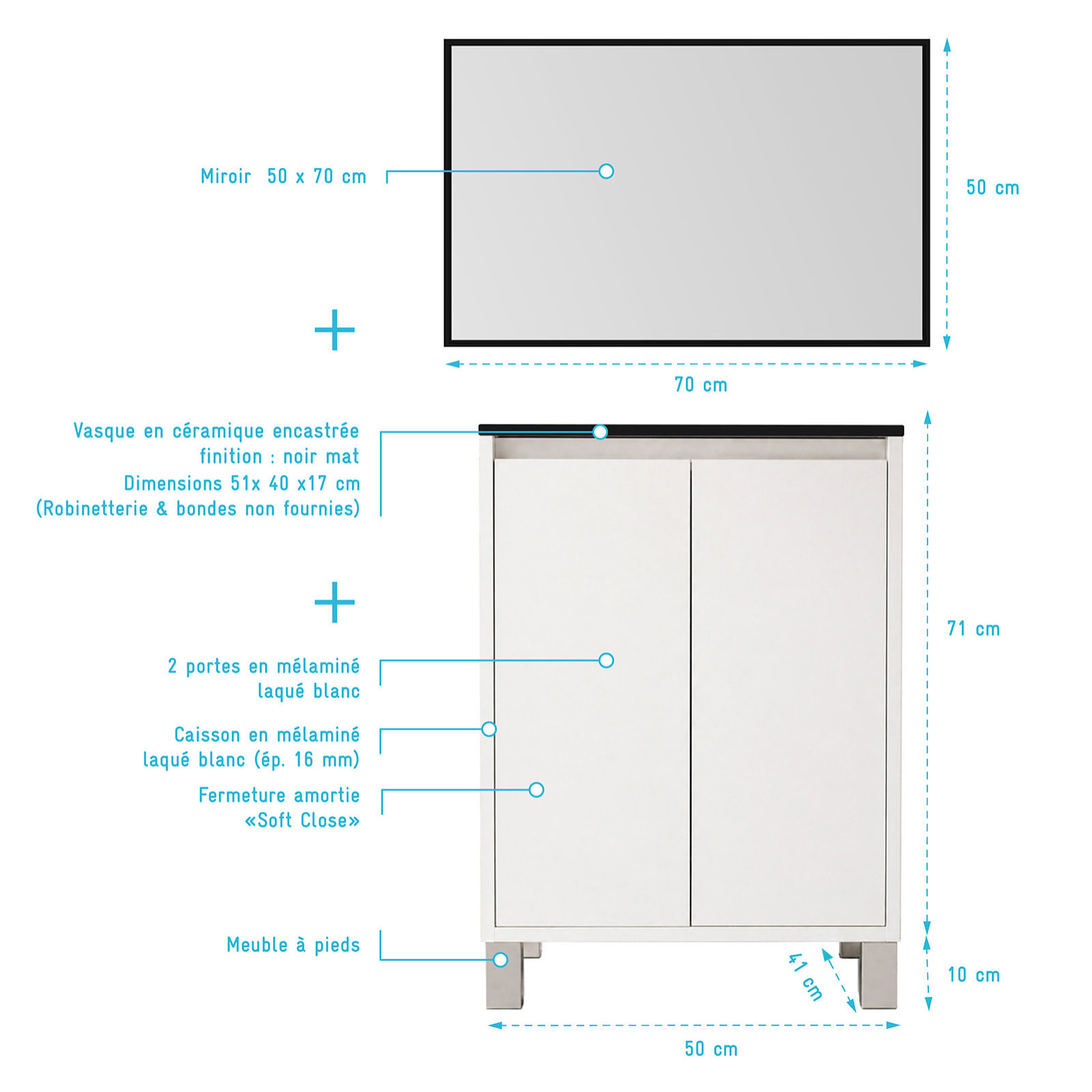 Meuble de Salle de Bains 50cm 2 portes Blanc, Vasque Noire et Miroir Cadre Noir 50x70 - XENOS