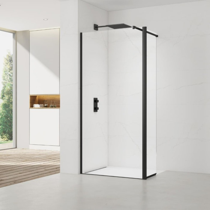 Walk-in 90x200cm Paroi et retour pivotant en verre Crystal Glass® 8 mm anticalcaire , avec bras et profilés noir mat
