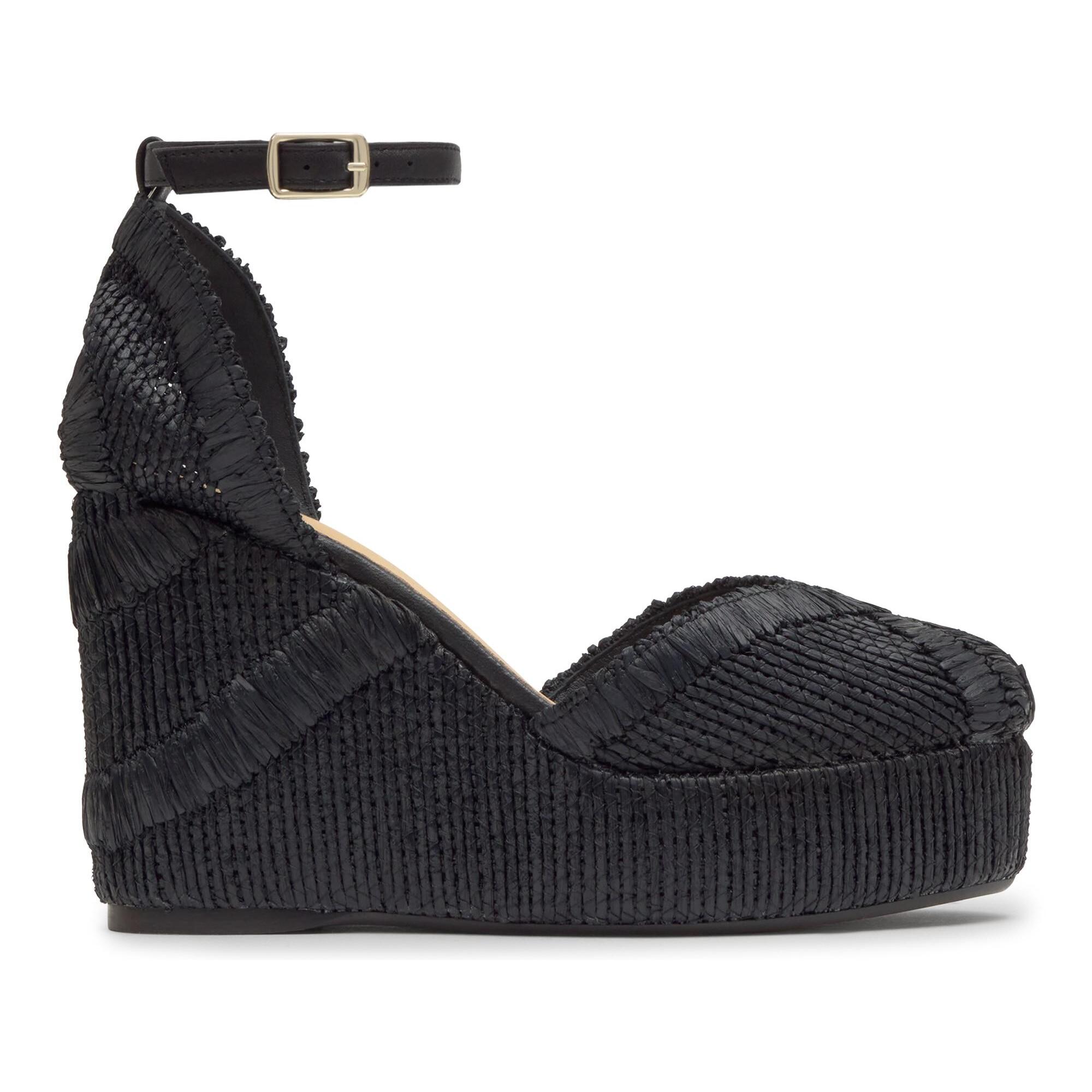 Alpargata Charmie cuña forrada en rafia natural bordada con pulsera y escote en V