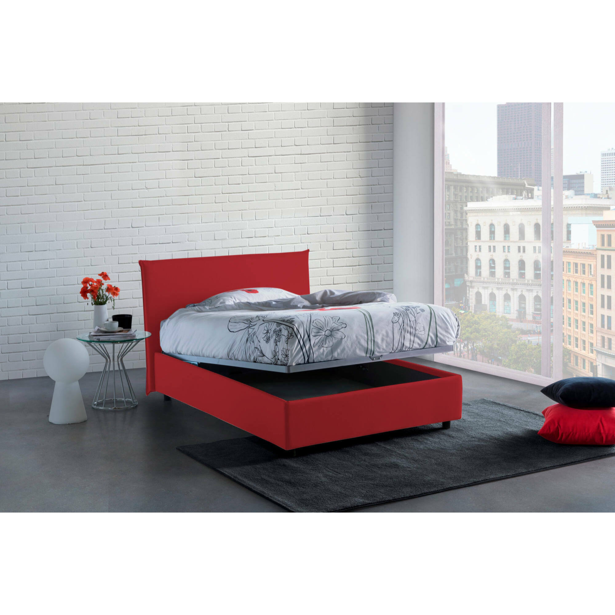 Letto piazza e mezza Ashasa, Letto contenitore con rivestimento in tessuto, 100% Made in Italy, Apertura frontale, adatto per materasso Cm 120x190, Rosso