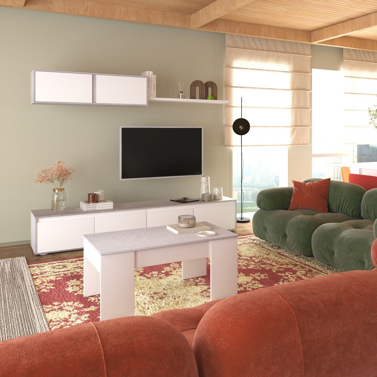 Mesa de centro elevable Vita Blanco Artik (Blanco Mate) - Gris Cemento